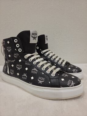 Signature MCM Visetos EU 43 US Men's 10 Womens 12 Black Leather High Top Sneaker